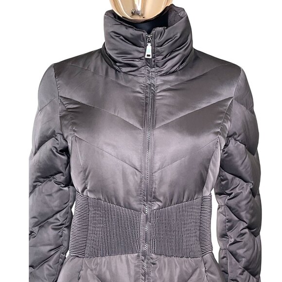 T Tahari Down Puffer Coat Taupe Brown XS, Long Quilted Winter Jacket High Neck - Picture 5 of 13